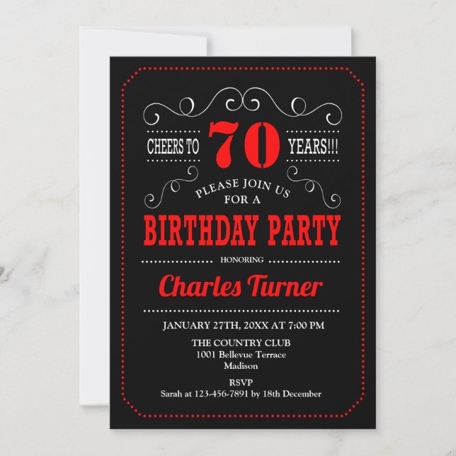 70th Birthday Party - Black Red White Invitation (Front)