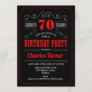 70th Birthday Party - Black Red White Invitation