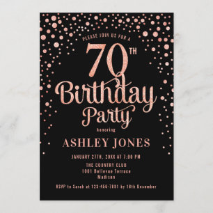 70th Birthday Party - Black & Rose Gold Invitation