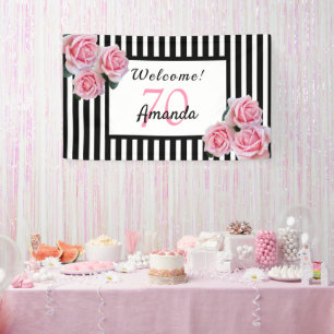70th birthday party black white stripes florals banner
