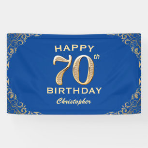 70th Birthday Party Blue and Gold Glitter Frame Banner
