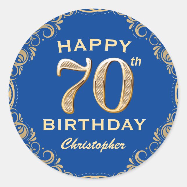 70th Birthday Party Blue and Gold Glitter Frame Classic Round Sticker (Front)