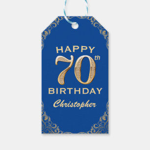 70th Birthday Party Blue and Gold Glitter Frame Gift Tags