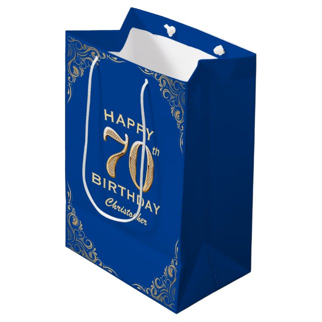 70th Birthday Party Blue and Gold Glitter Medium Gift Bag (Front Angled)