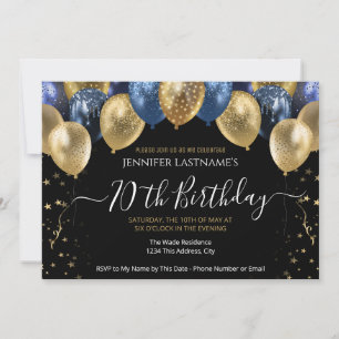 70th Birthday Party Blue and Gold Invitation