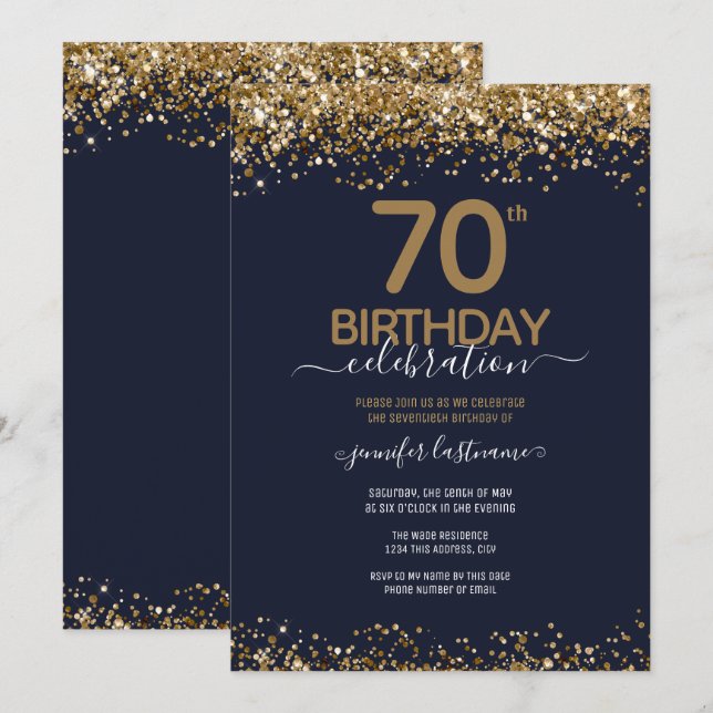 70th Birthday Party Blue and Gold Invitation (Front/Back)