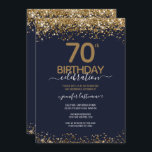 70th Birthday Party Blue and Gold Invitation<br><div class="desc">Elegant Faux gold glitter with shimmering confetti highlights on the top and bottom border. All text is adjustable and easy to change for your own party needs. Great elegant 70th birthday template design.</div>