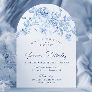 70th Birthday Party Blue Floral Arch Shape Invitation