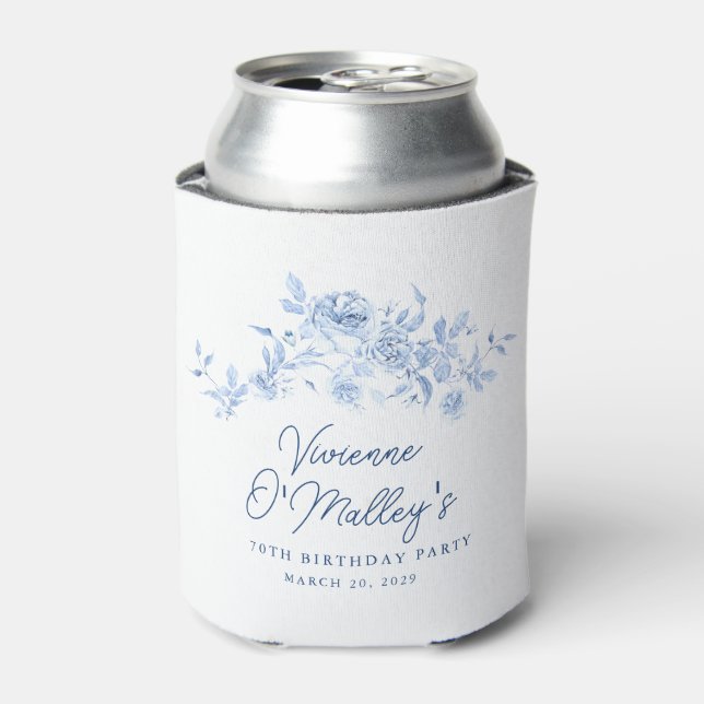 70th Birthday Party Blue Rose Floral Custom Can Cooler (Can Front)