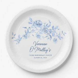 70th Birthday Party Blue Rose Floral Custom Paper Plate