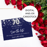 70th Birthday party blue silver save the date card<br><div class="desc">An elegant Save the Date card for a 70th birthday party. A navy blue decorated with stars. Personalise and add a date and name/age. The text: Save the Date is written with a large trendy hand lettered style script.</div>