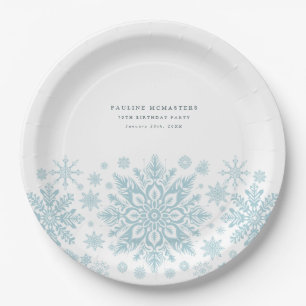 70th Birthday Party Blue White Snowflake Custom Paper Plate