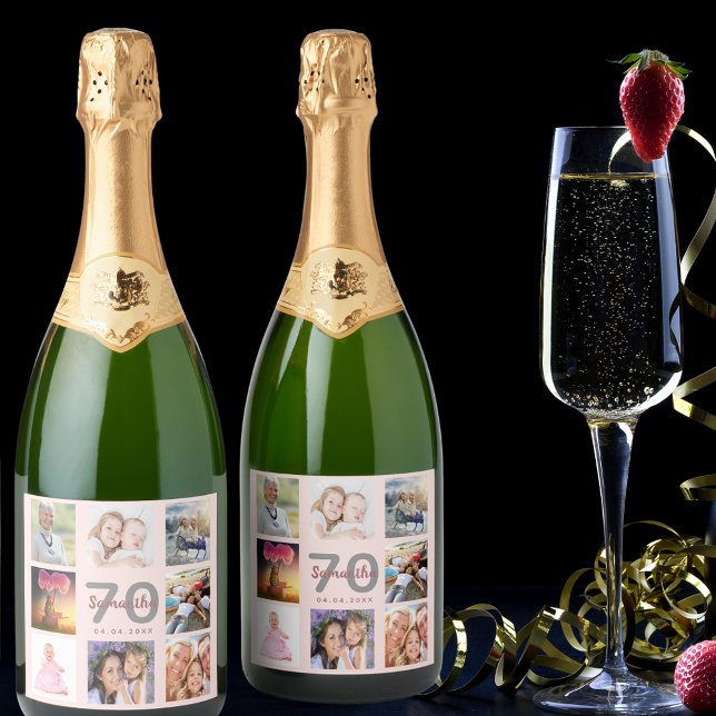 70th birthday party blush photo collage name sparkling wine label (Creator Uploaded)