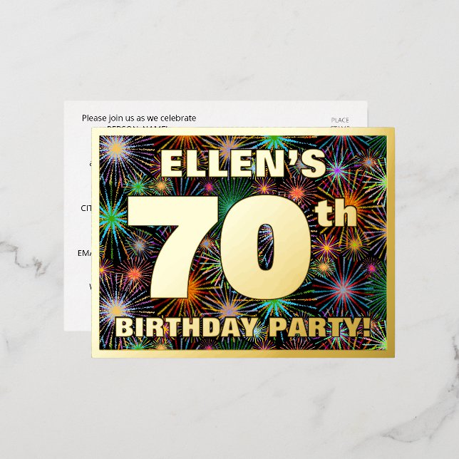70th Birthday Party: Bold, Colourful Fireworks Loo Foil Invitation Postcard (Front/Back)