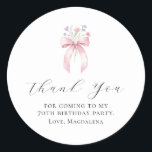 70th Birthday Party Bow Custom Thank You Favour Classic Round Sticker<br><div class="desc">Thank your guests for coming to your birthday party with this personalised thank you favour sticker.  It features a blush pink coquette bow accented with pink and blue wildflowers. Thank you is written in a lovely open script. Three lines let you customise your appreciation. All text is editable.</div>