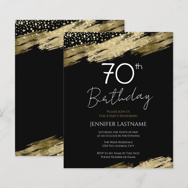 70th Birthday Party Budget Gold Black Invitation (Front/Back)