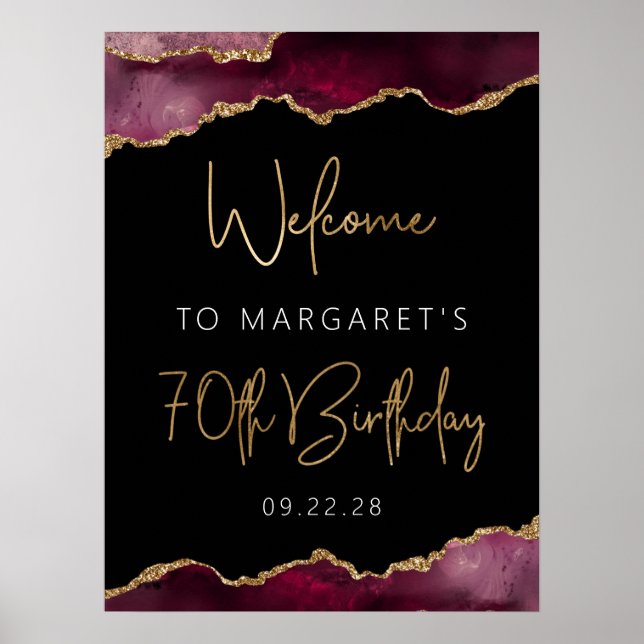 70th Birthday Party Burgundy Gold Agate Welcome Poster (Front)