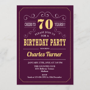 70th Birthday Party - Burgundy Gold Invitation