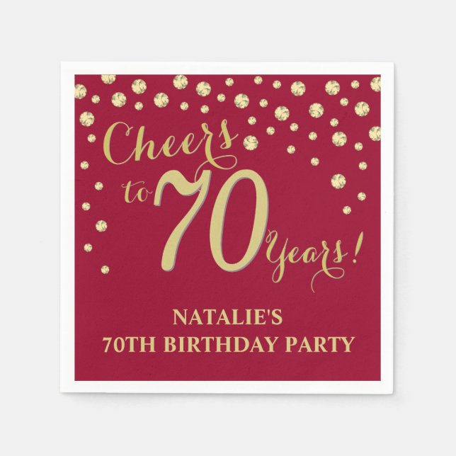 70th Birthday Party Burgundy Red and Gold Diamond Napkin (Front)
