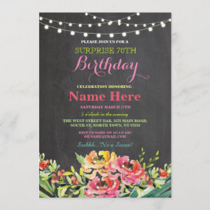 70th Birthday Party Chalkboard Floral Pink Invite