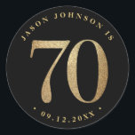 70th Birthday Party Classic Round Sticker<br><div class="desc">70th birthday party paper plates in black and gold</div>