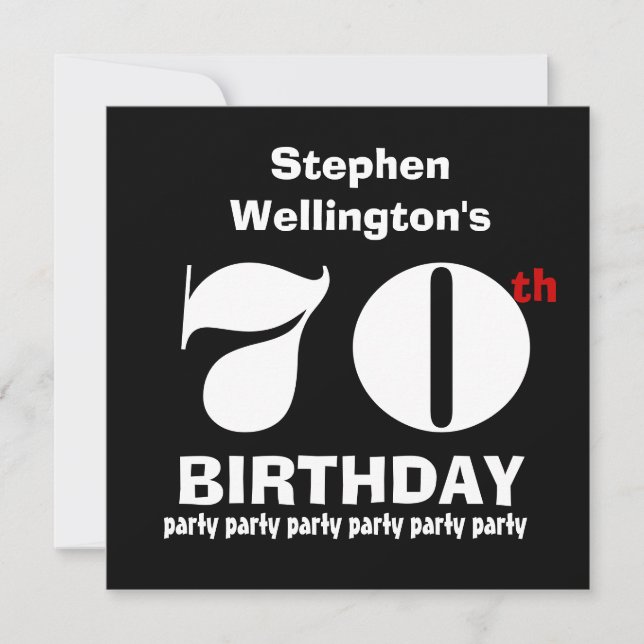 70th Birthday Party Custom Name Black White W820 Invitation (Front)