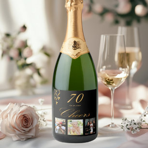 70th birthday party custom photo black gold cheers sparkling wine label