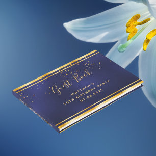 70th Birthday Party dark blue gold confetti Guest Book