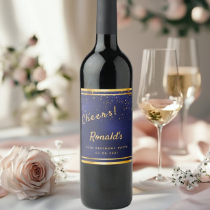 70th Birthday party dark navy blue gold cheers Wine Label