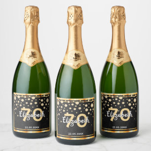 70th birthday party diamonds glitter black gold sparkling wine label