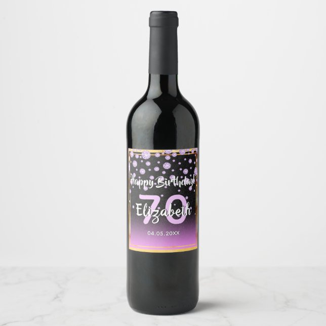 70th birthday party diamonds glitter purple black wine label (Front)