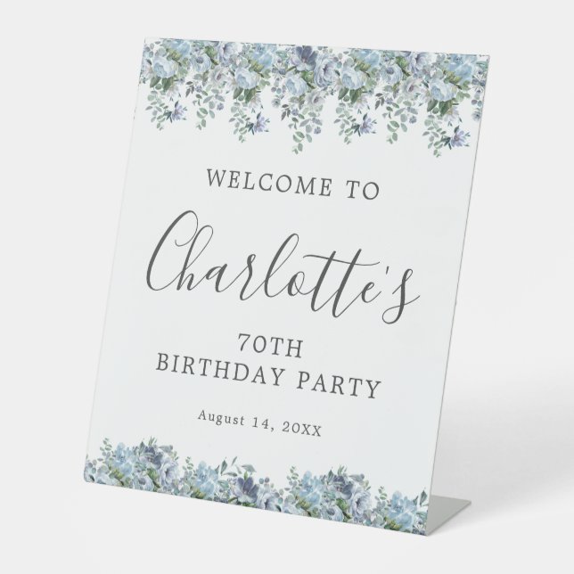 70th Birthday Party Dusty Blue Floral Welcome Pedestal Sign (Front)