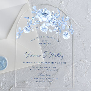 70th Birthday Party Dusty Blue Rose Floral Arch Acrylic Invitations