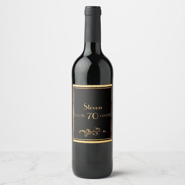 70th birthday party elegant black and gold wine label (Front)