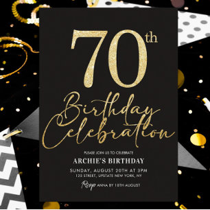 70th Birthday Party Elegant Black & Gold Glitter Invitation