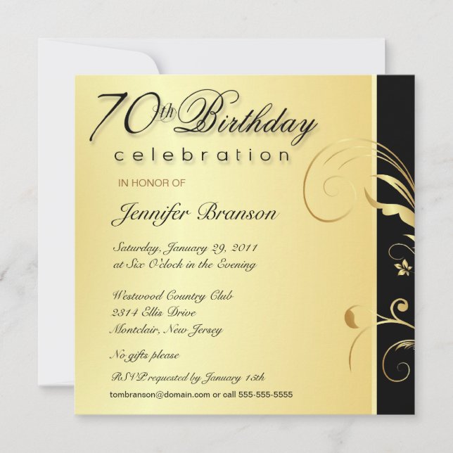 70th Birthday Party - Elegant Gold Floral Invites (Front)