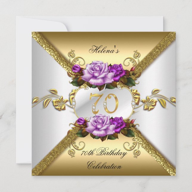 70th Birthday Party Elegant Purple Gold Roses Invitation (Front)
