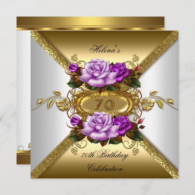 70th Birthday Party Elegant Roses Purple Gold Invitation (Front/Back)