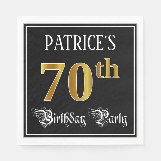 70th Birthday Party — Fancy Script, Faux Gold Look Napkin (Front)