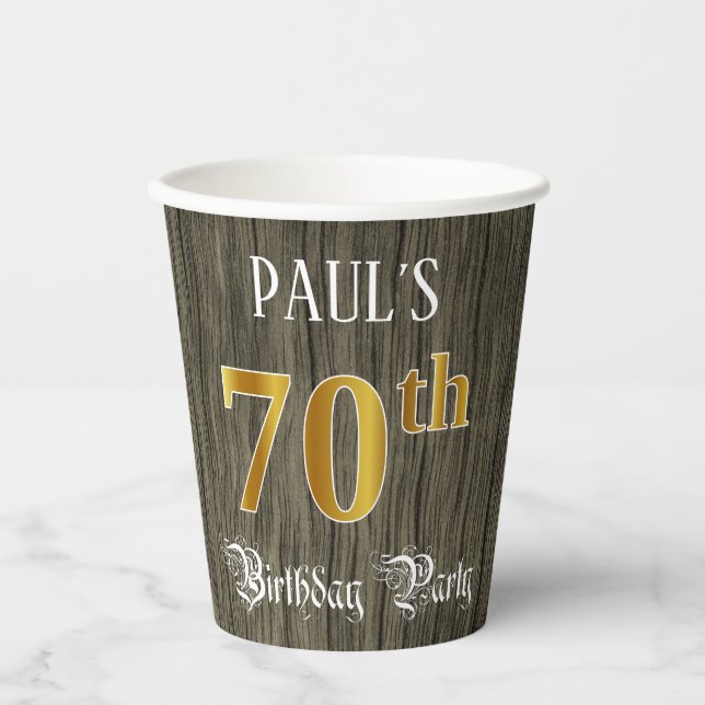 70th Birthday Party — Faux Gold & Faux Wood Looks Paper Cups (Front)