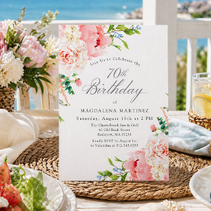 70th Birthday Party Feminine Pink Roses Floral Invitation