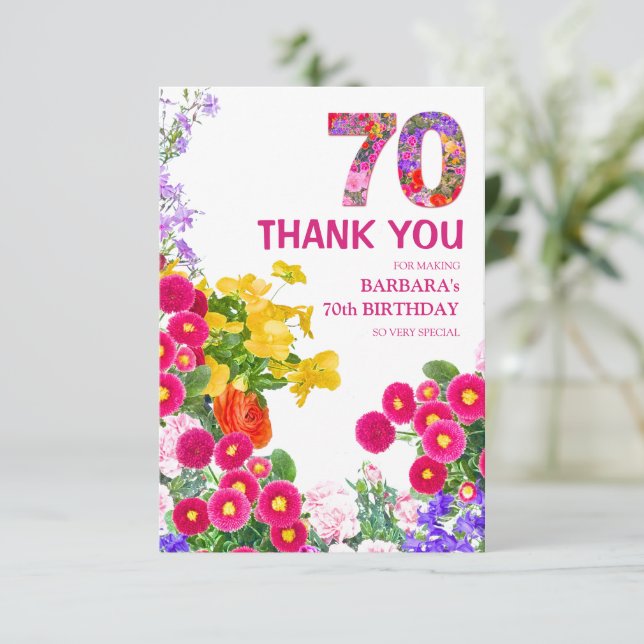 70th birthday party floral bouquet thank you card (Standing Front)