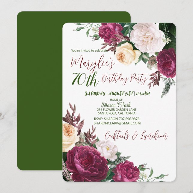 70th Birthday Party Floral Design Birthday Invitat Invitation (Front/Back)