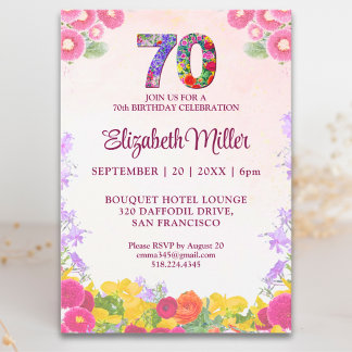70th Birthday Party Floral Elegant Pink Design Invitation