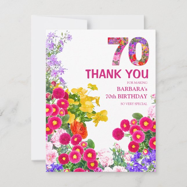 70th birthday party floral flat thank you card (Front)