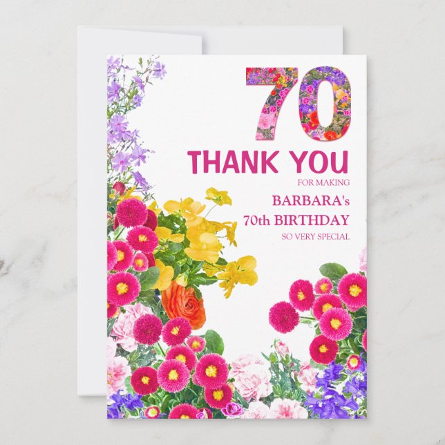 70th birthday party floral flat thank you card (Front)