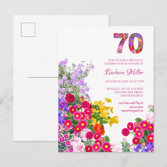 70th birthday party floral invitation postcard (Front/Back)