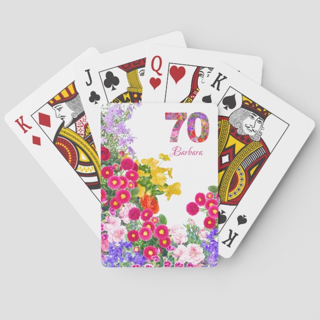 70th birthday party flower bouquet playing cards (Back)