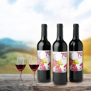 70th birthday party flower bouquet wine labels