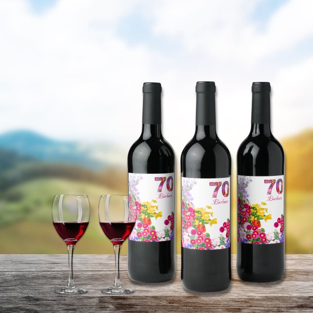 70th birthday party flower bouquet wine labels (Creator Uploaded)